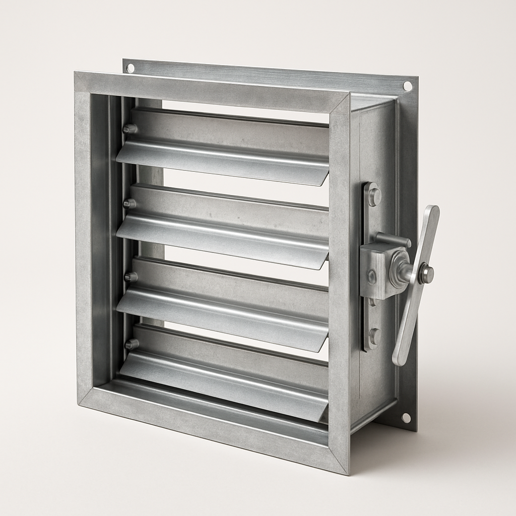 rectangular metal frame with several parallel blades staggered open inside the duct opening