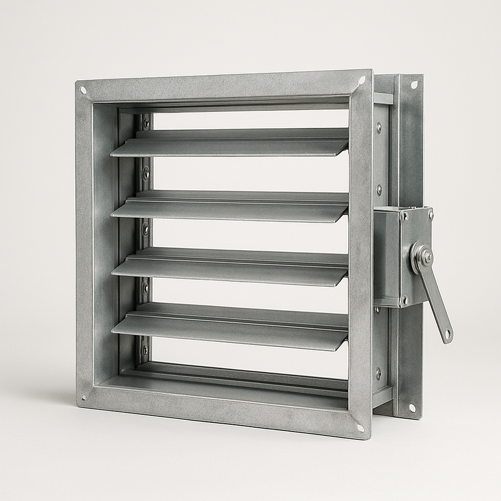 angled view of linked silver blades in a box frame, showing the side linkage hardware