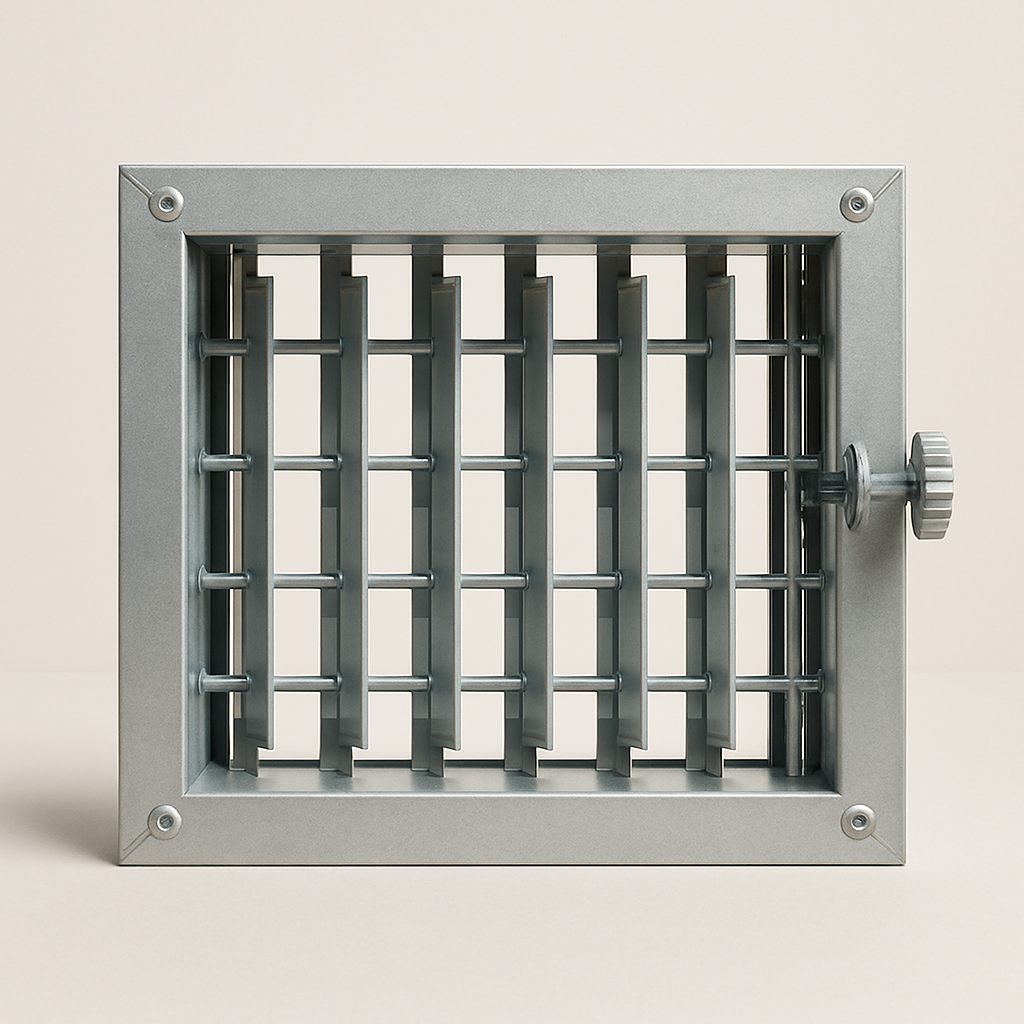 air register with opposed damper blades visible behind a simple front grille