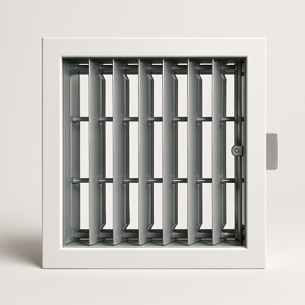 close view of metal balancing blades crossing inside a rectangular supply vent