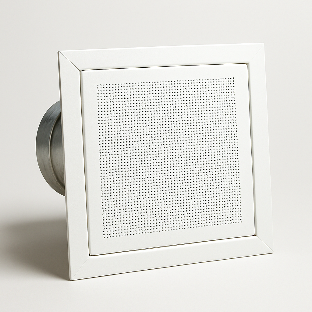 white square perforated metal diffuser face with many small round holes