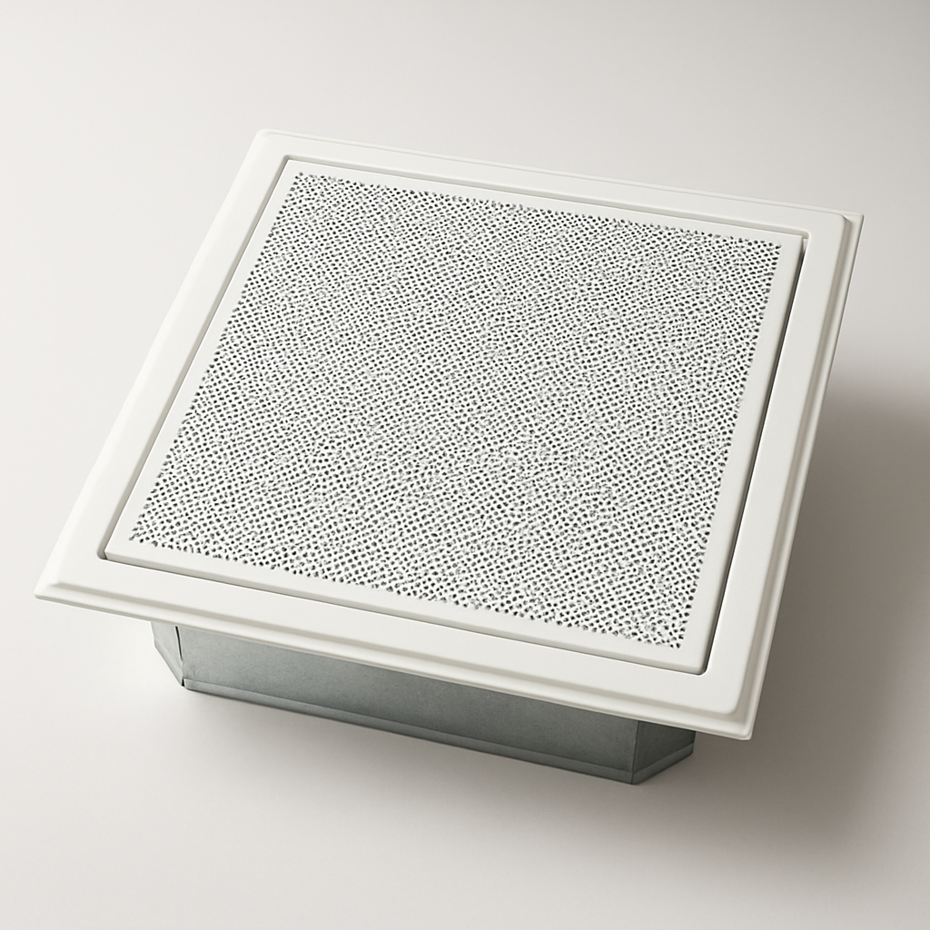 close-up of a low profile ceiling vent panel showing even punched openings