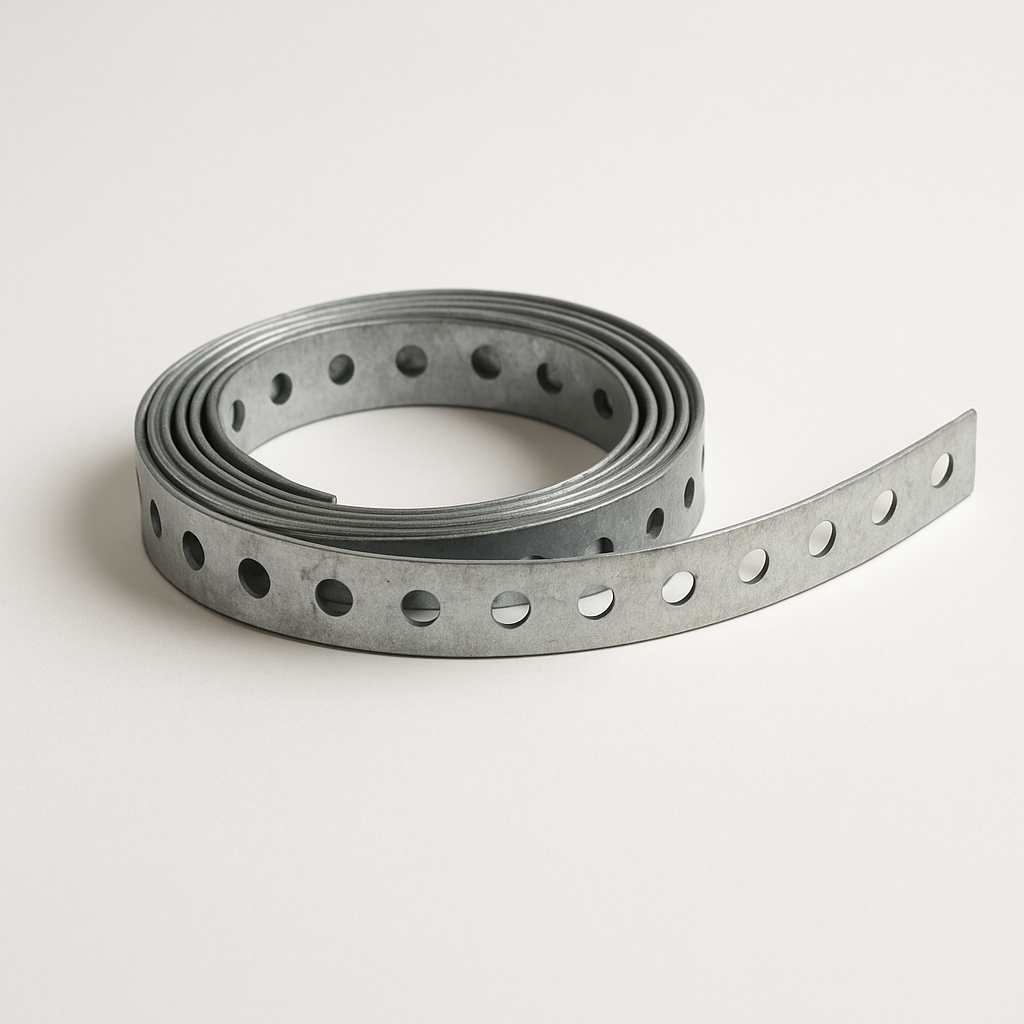 roll of perforated steel strapping on concrete with a loose end facing forward