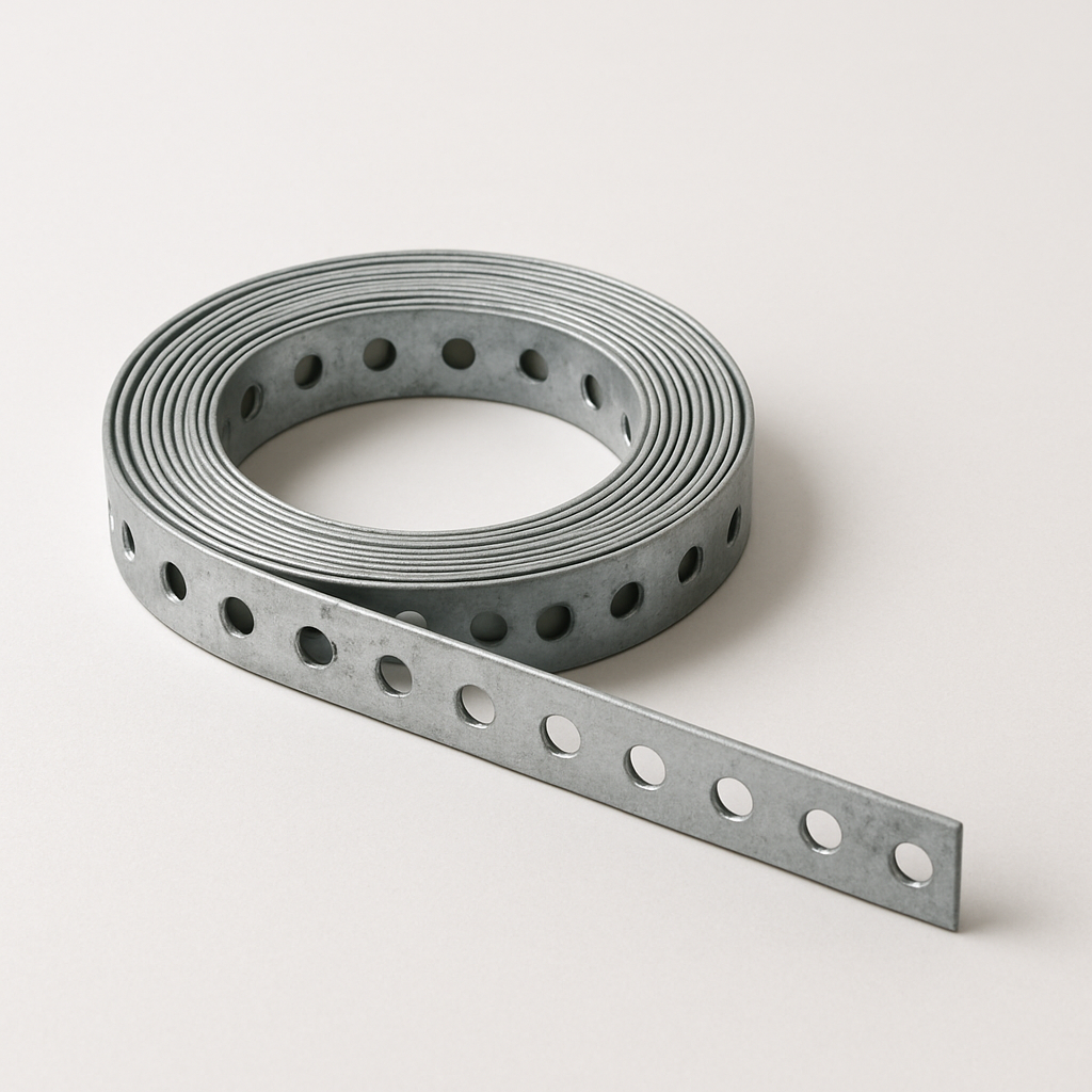 close view of punched metal strip showing round holes and slightly rounded edges