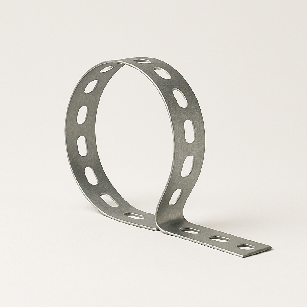 coiled hanger strip with regular holes and a dull silver galvanized surface
