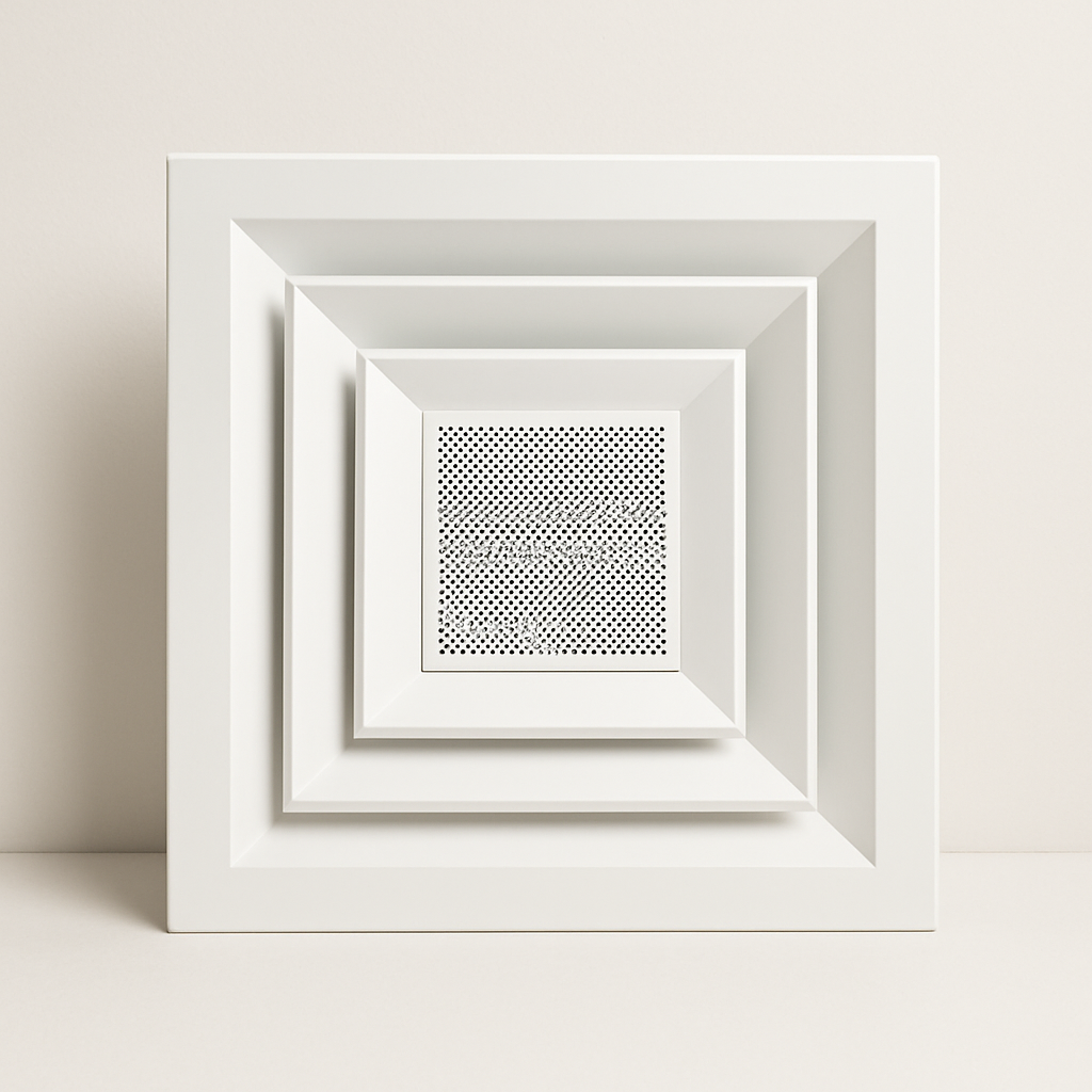 low profile white square air diffuser with a flat central plaque and narrow gap