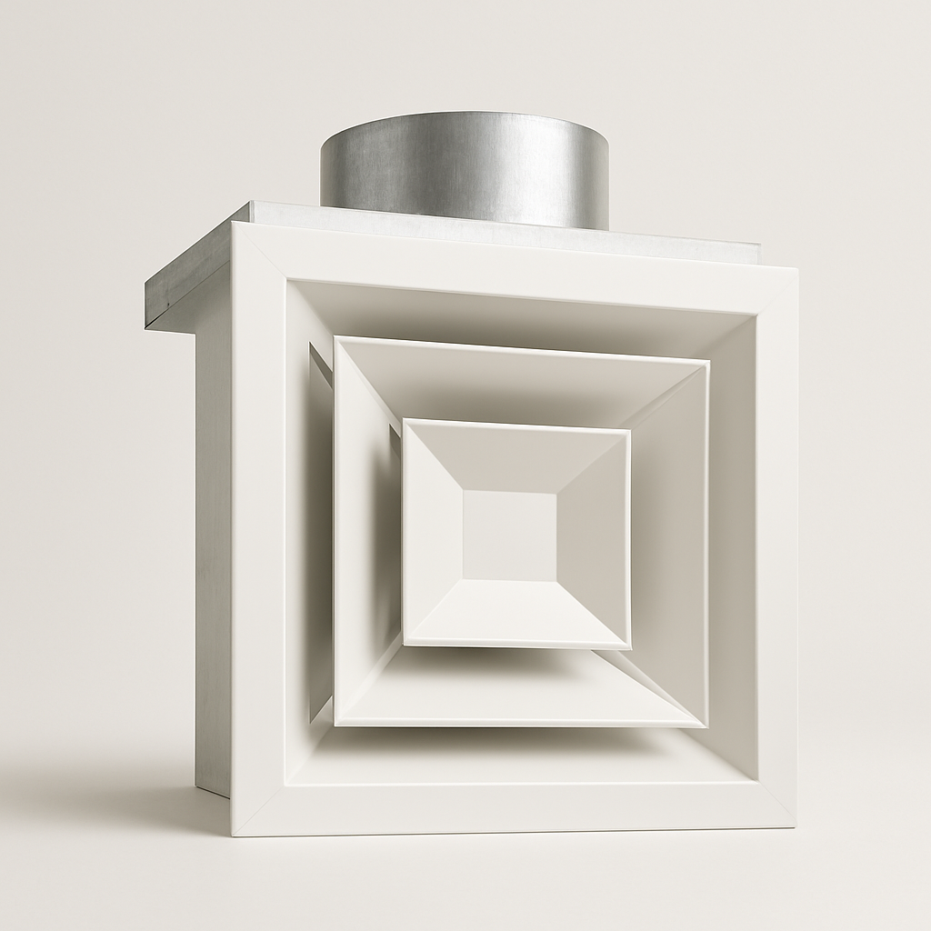 installed ceiling view of a flush plaque style vent with crisp shadow lines