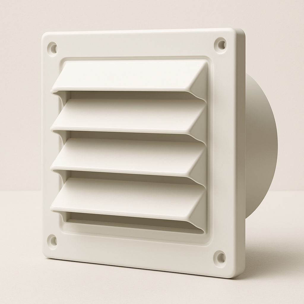 lightweight white plastic vent cover with simple slats on a plain surface