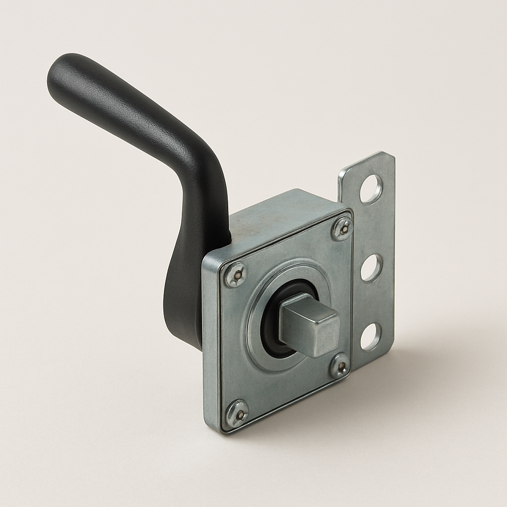 close-up of a metal position handle with notched arc markings attached to a duct wall