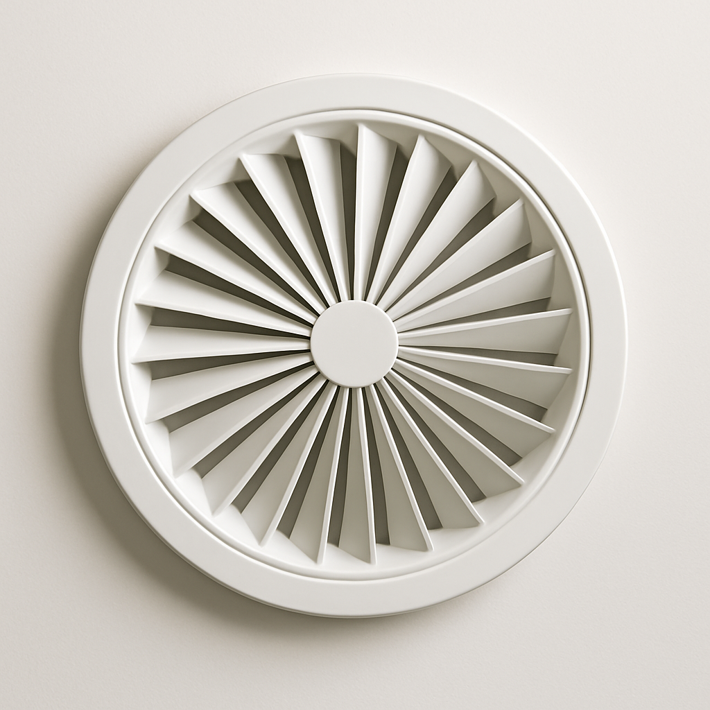 top view of a circular metal air outlet with multi direction spoke pattern