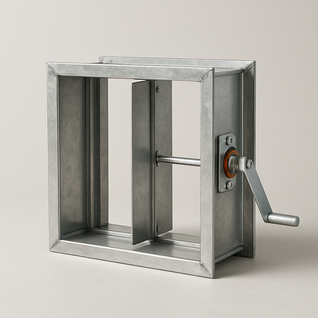 rectangular galvanized frame with opposed blades set at alternating angles for airflow balance