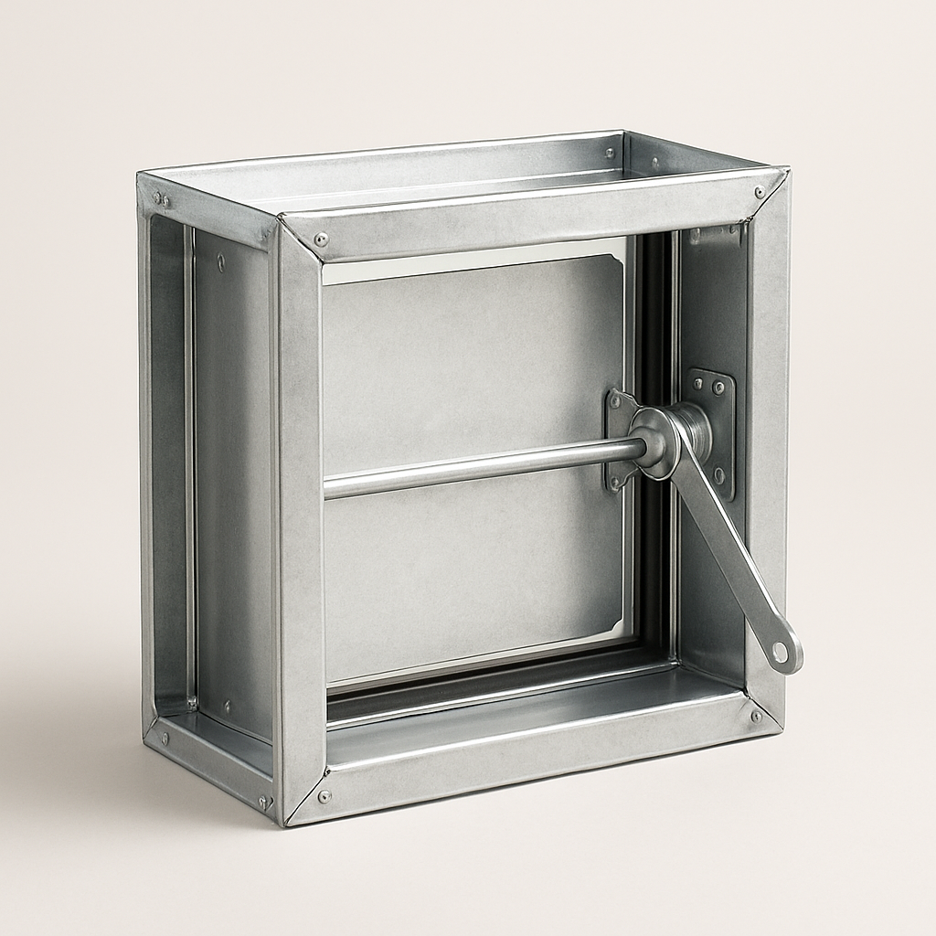 front view of a multi blade duct damper showing linkage rods along the side edge