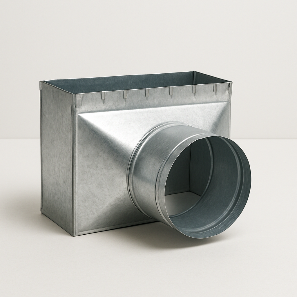 rectangular galvanized base with round outlet rising from the center on a plain surface