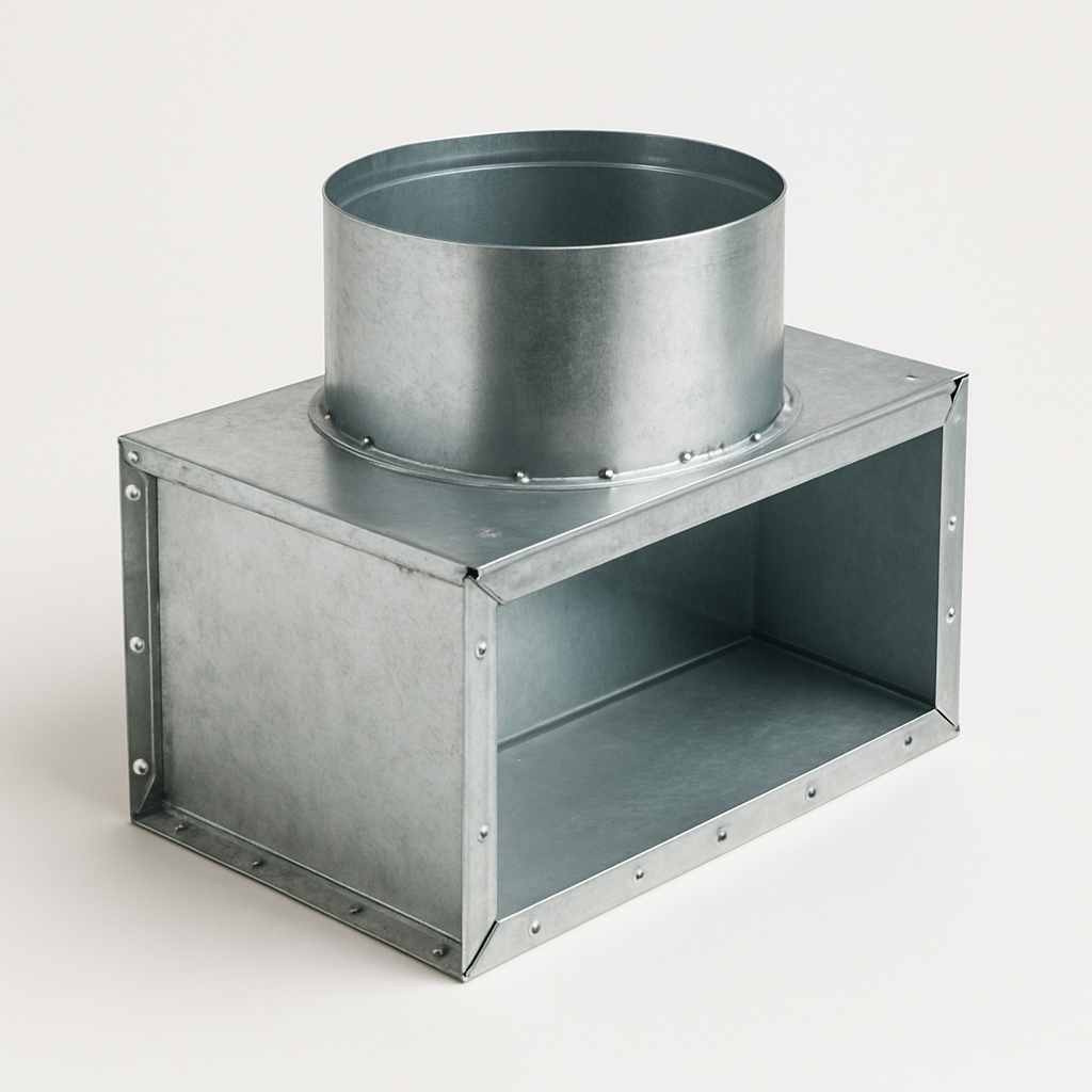 metal plenum takeoff shown diagonally with flat flange edges and circular duct opening