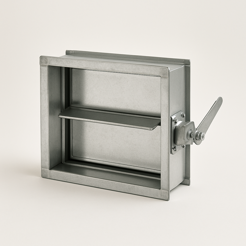 rectangular galvanized duct section with a single internal blade and side adjustment shaft