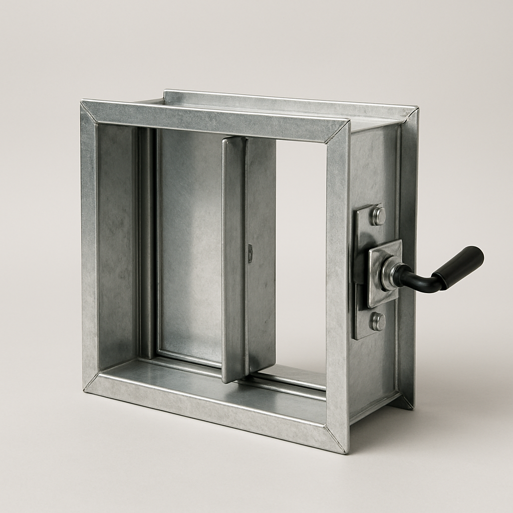 front view of a box shaped metal damper with folded seams and a flat blade across the opening