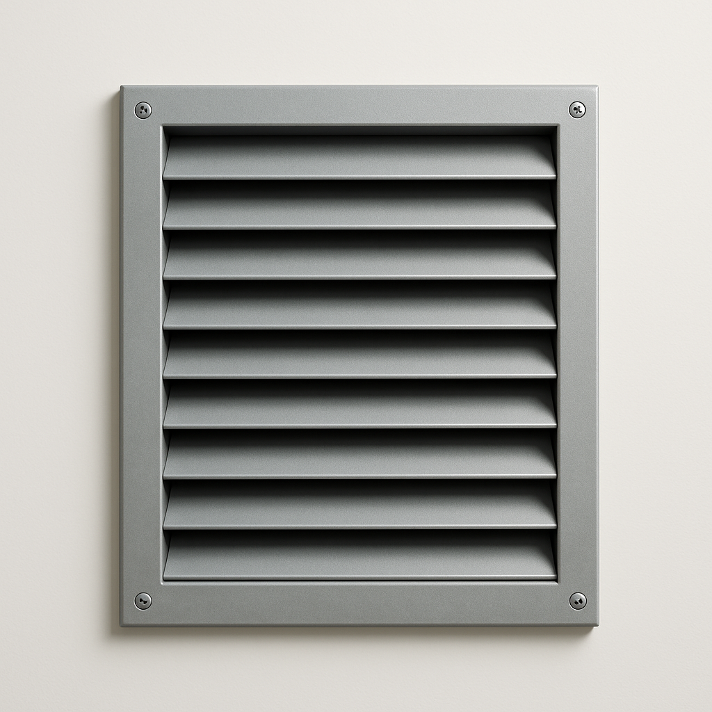 rectangular gray wall vent with evenly spaced angled blades and a plain exterior frame