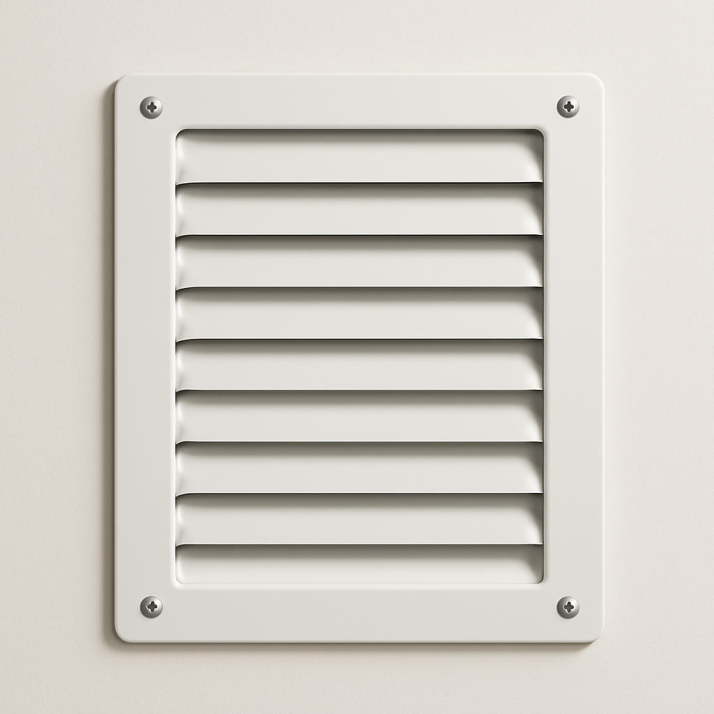 rectangular screened air cover with white frame mounted flat on exterior cladding