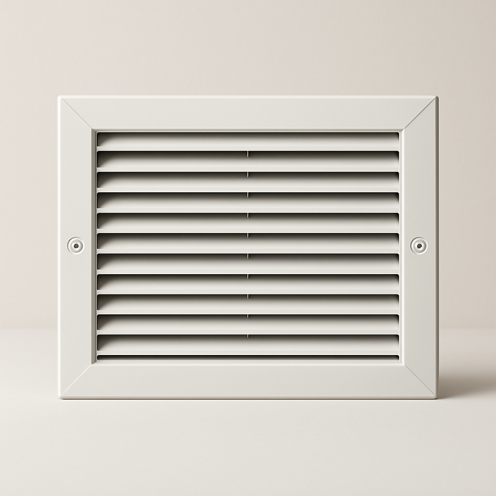 wide view of low rectangular grille with mesh insert and four corner fasteners