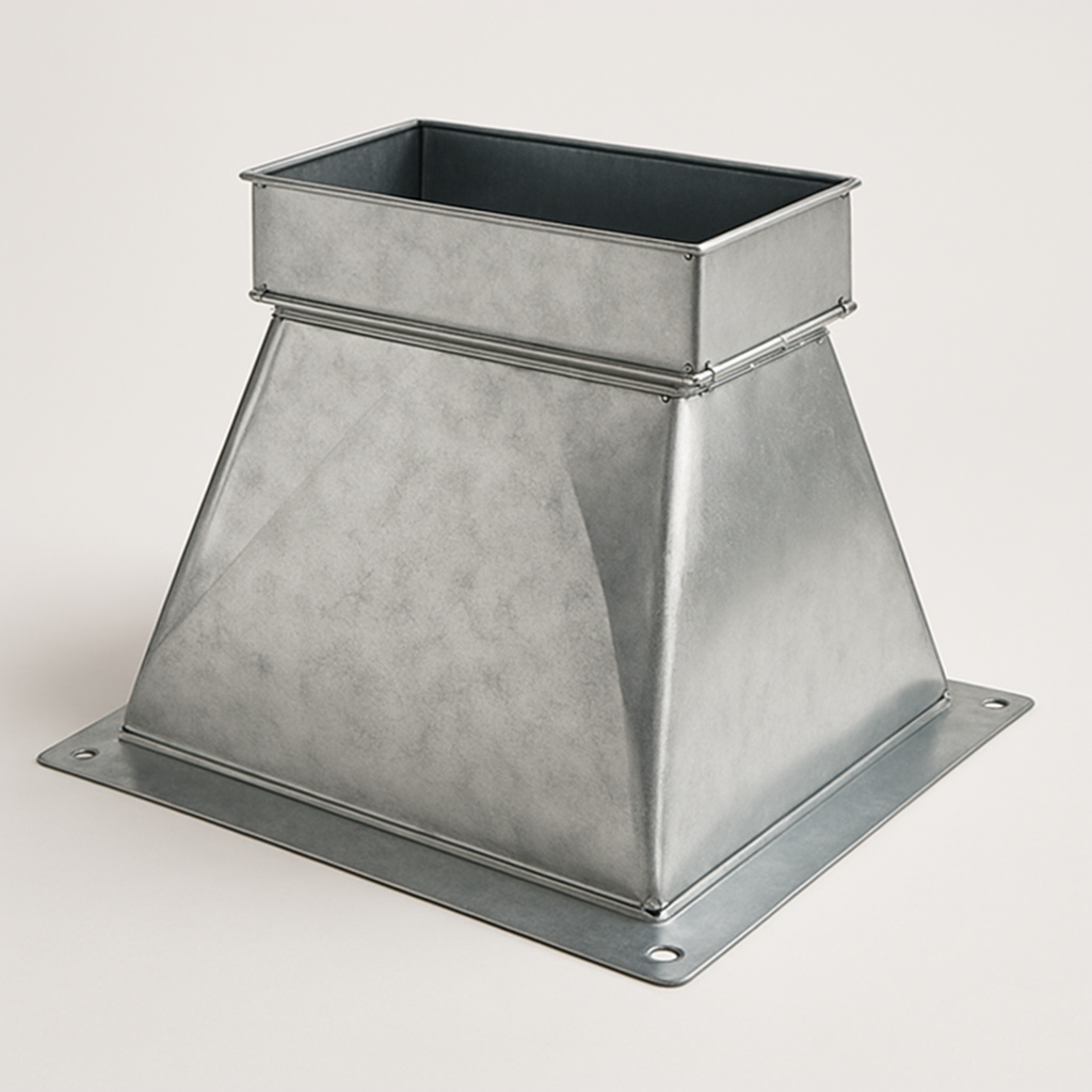 metal air delivery boot shown on a bench with angled neck and flat mounting edge