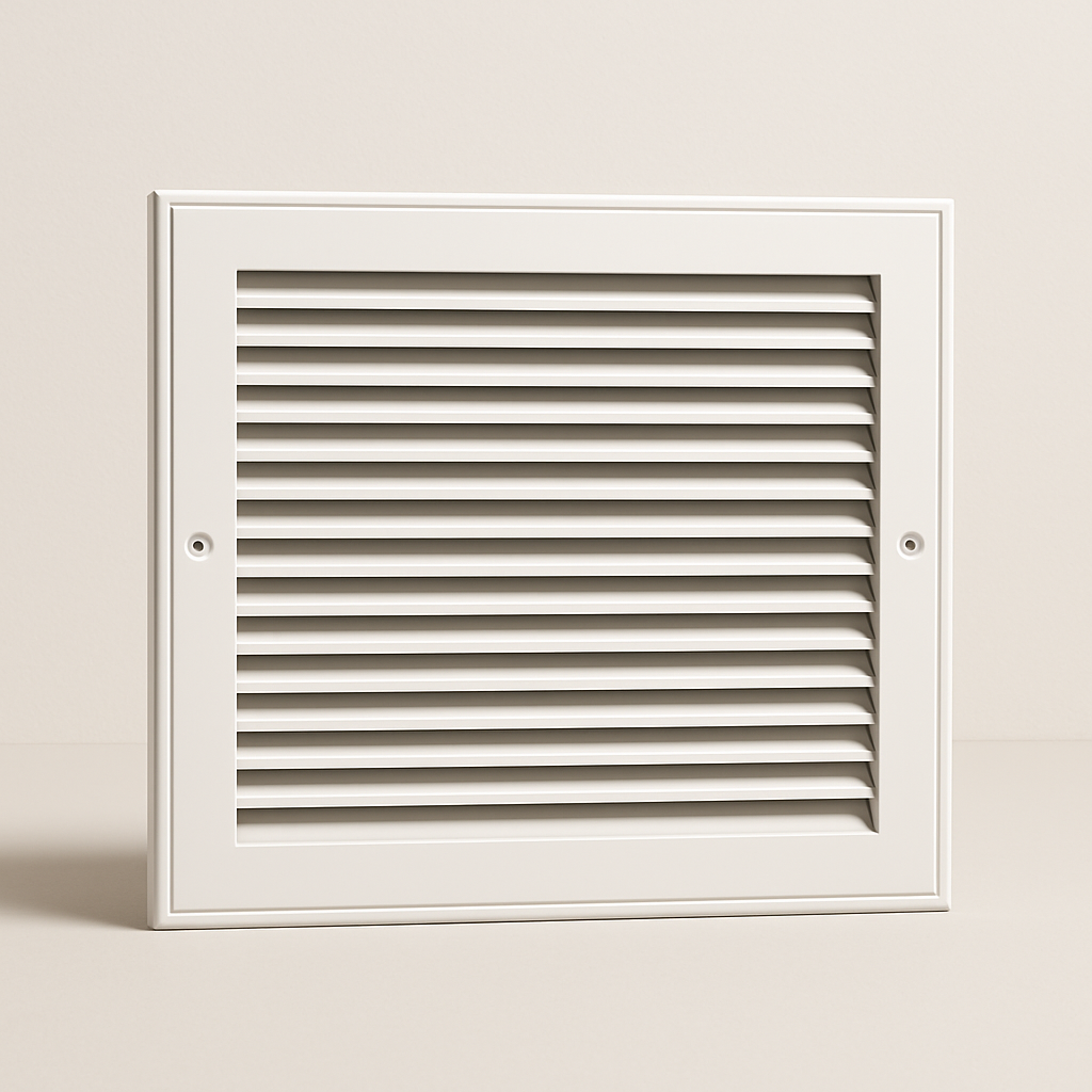 white painted metal grille with fixed angled blades shown from the front