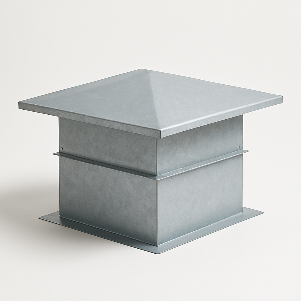 large rectangular metal cover with deep sides and flanged edges on a white floor