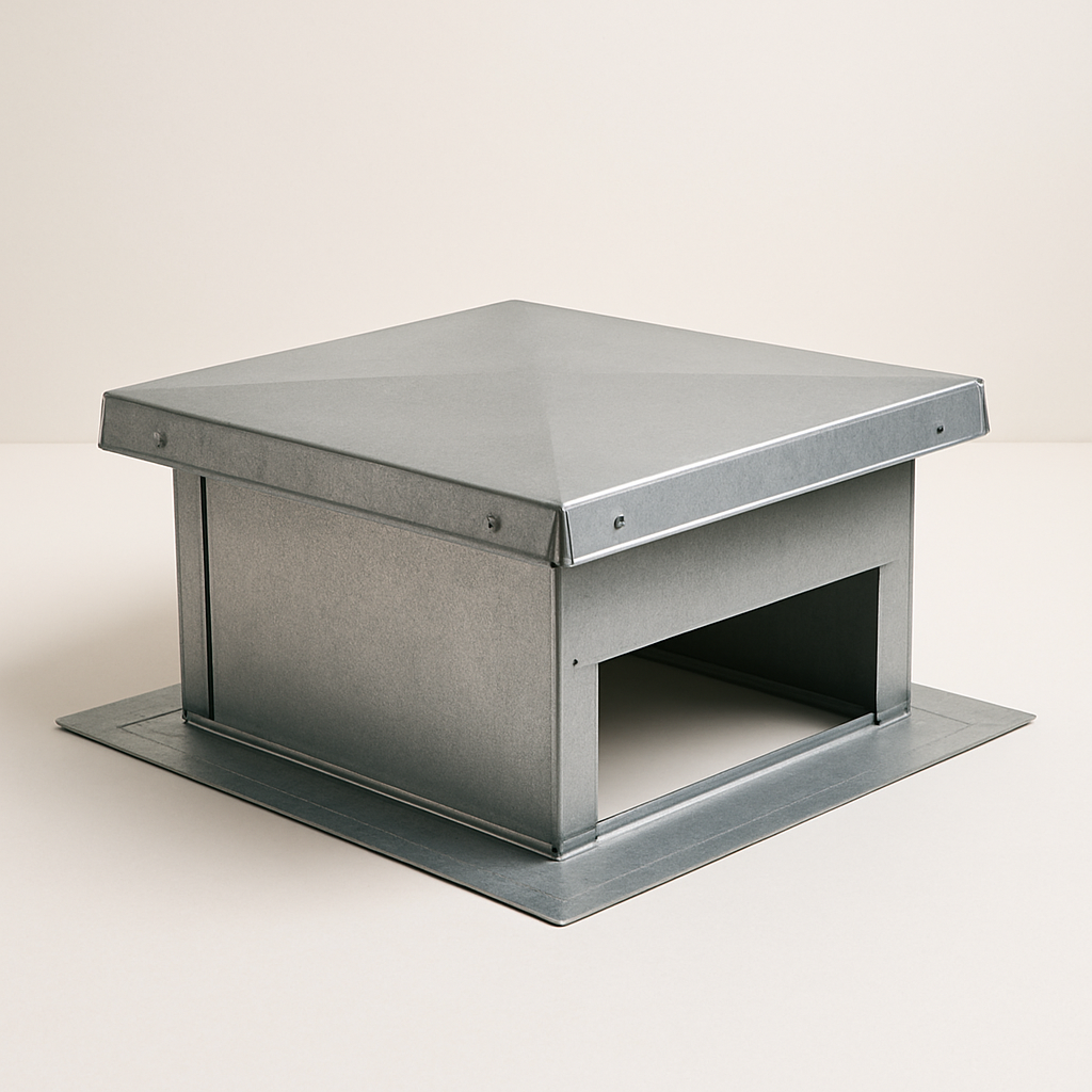underside angle of a curb cover showing folded corners and a square open recess