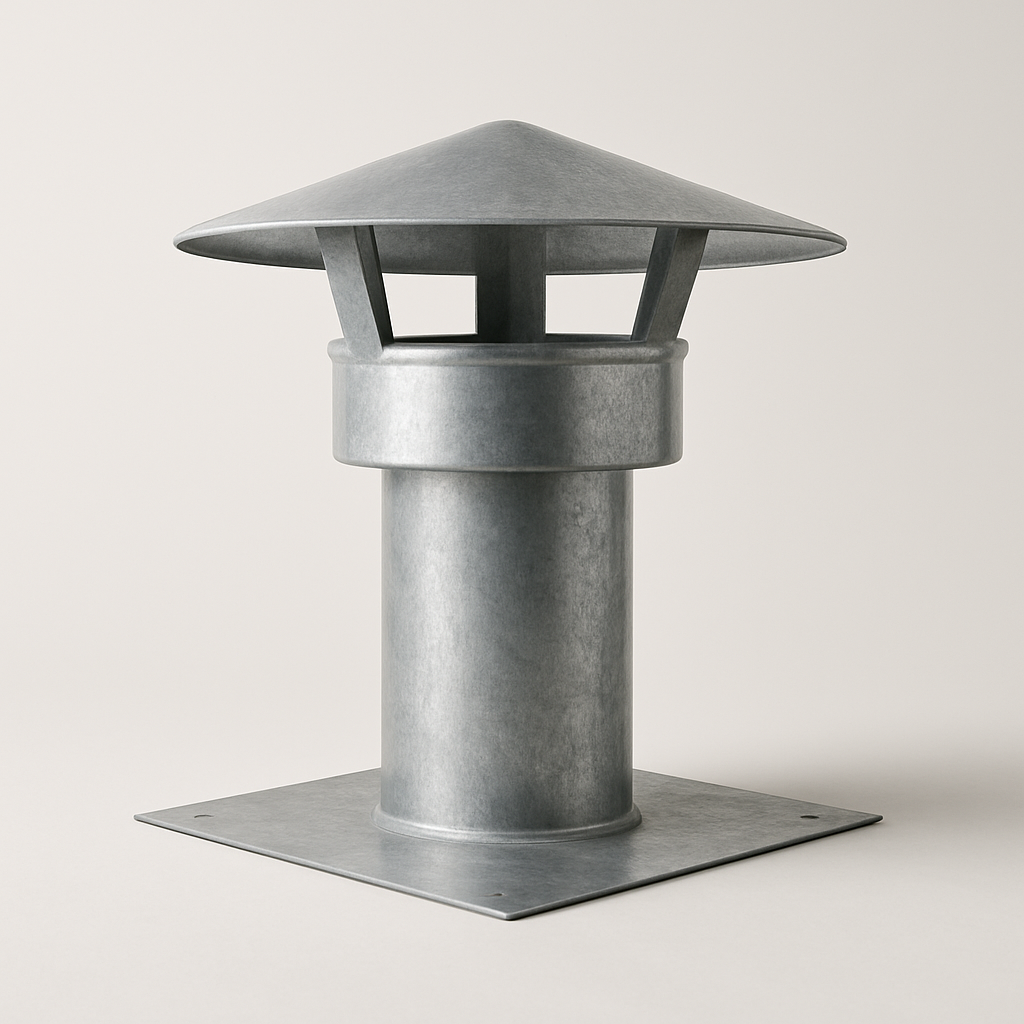 galvanized metal exhaust hood with a square flange shown on a plain white surface