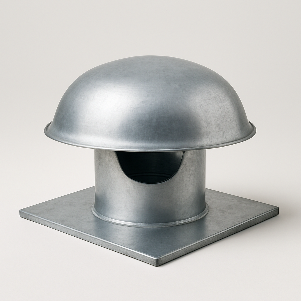 side view of a sloped rain shed cap with visible damper edge and mounting holes
