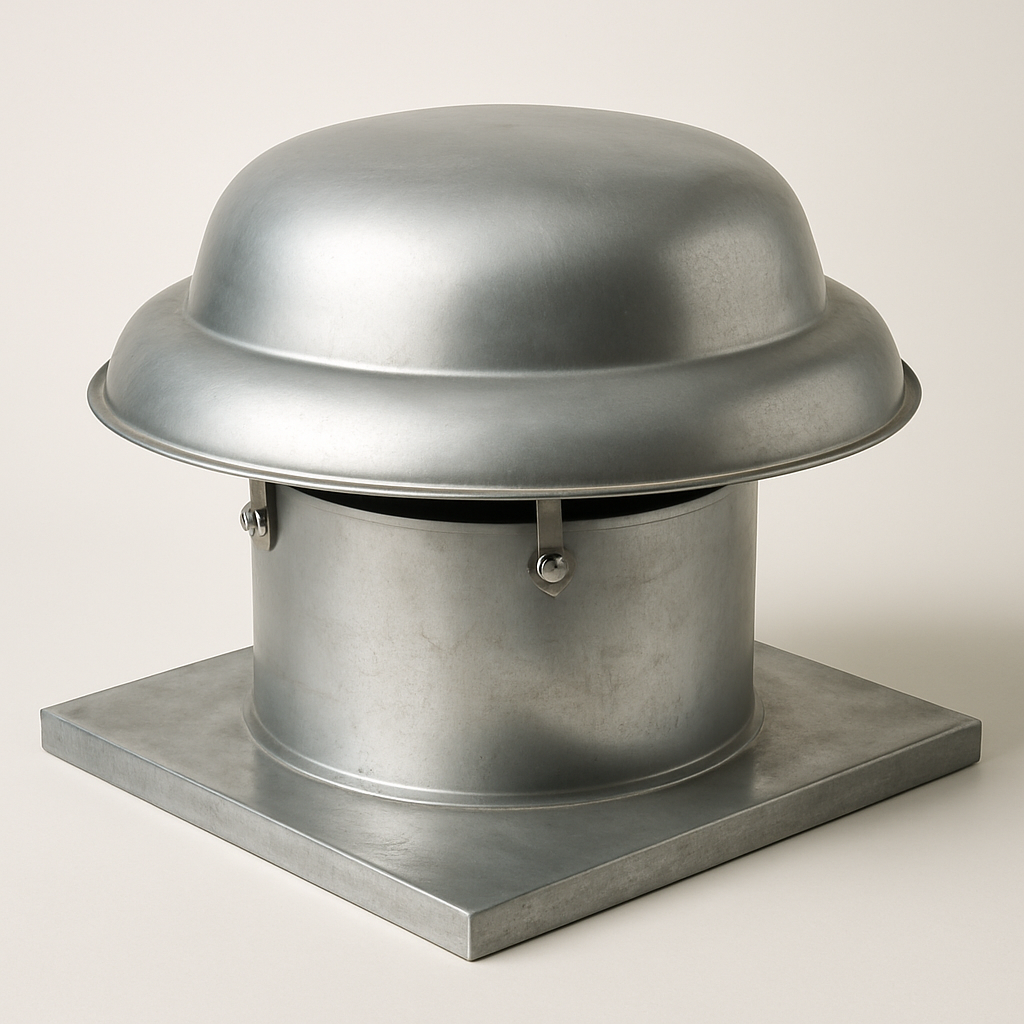 side view of a vertical discharge exhaust fan with raised hood and dark protective screen