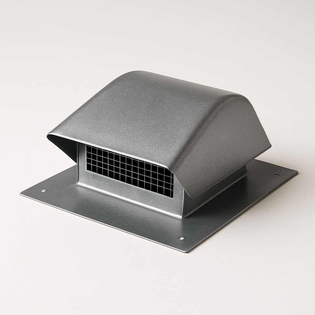 screened outside air hood in dull silver metal with a broad flat base flange