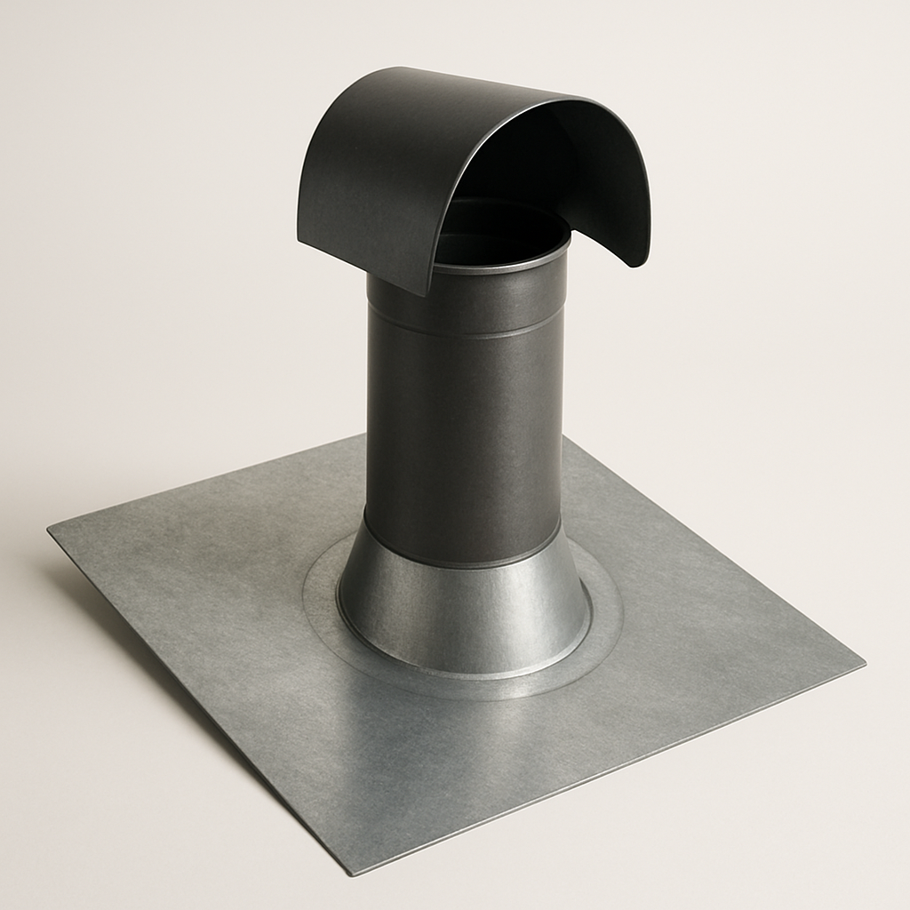 flexible collar flashing around a vertical pipe sleeve displayed on a shingle panel
