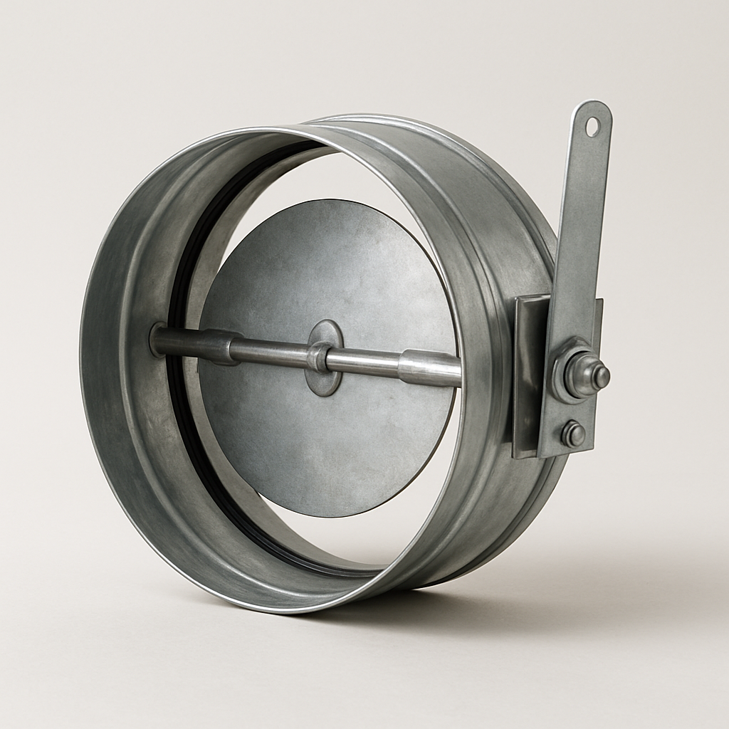 side view of a compact circular damper with a small manual lever and crimped rim