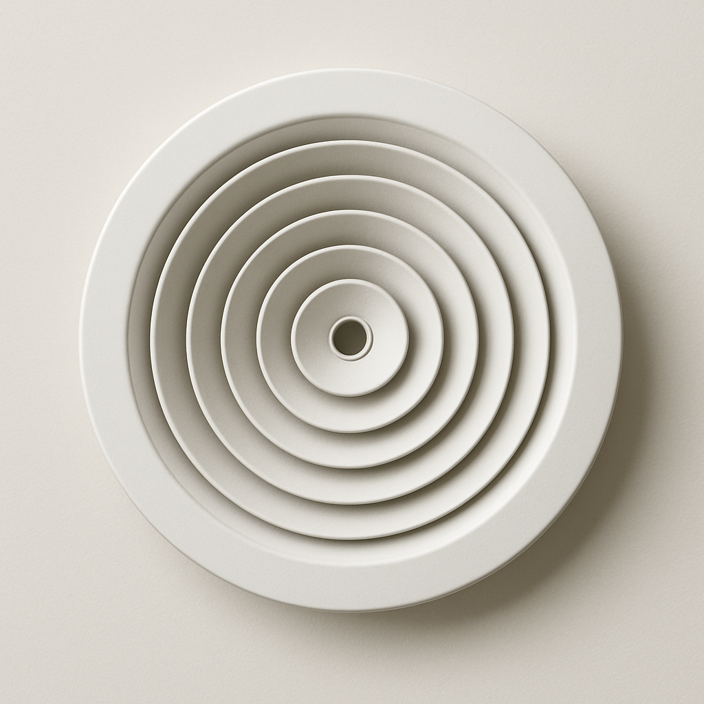 white circular metal air diffuser shown face up on a plain studio surface