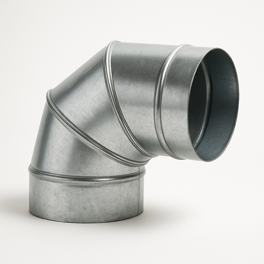 galvanized circular elbow fitting shown on a plain workbench with crimped ends visible