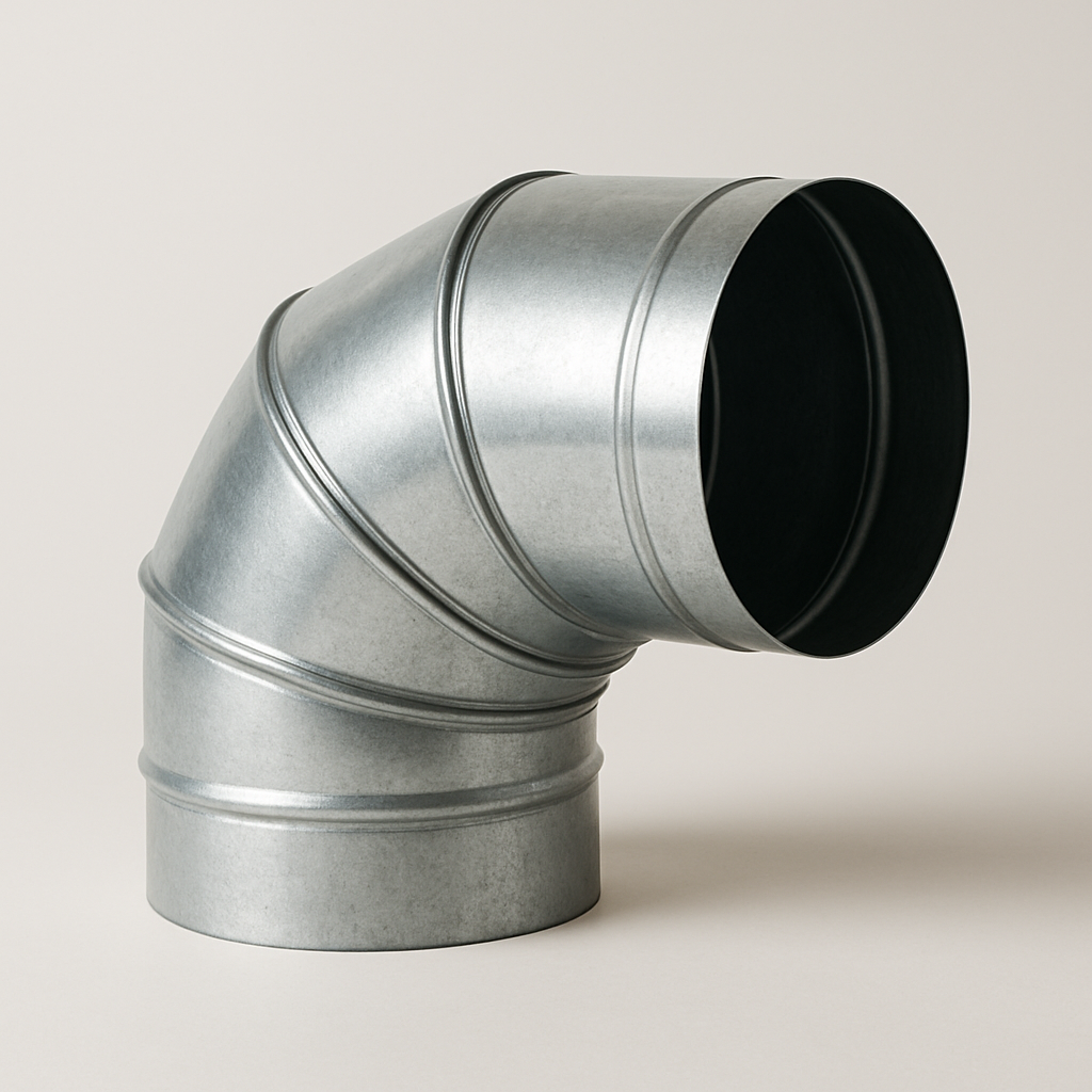 angled metal duct bend photographed from above, showing smooth silver surface and rolled seams