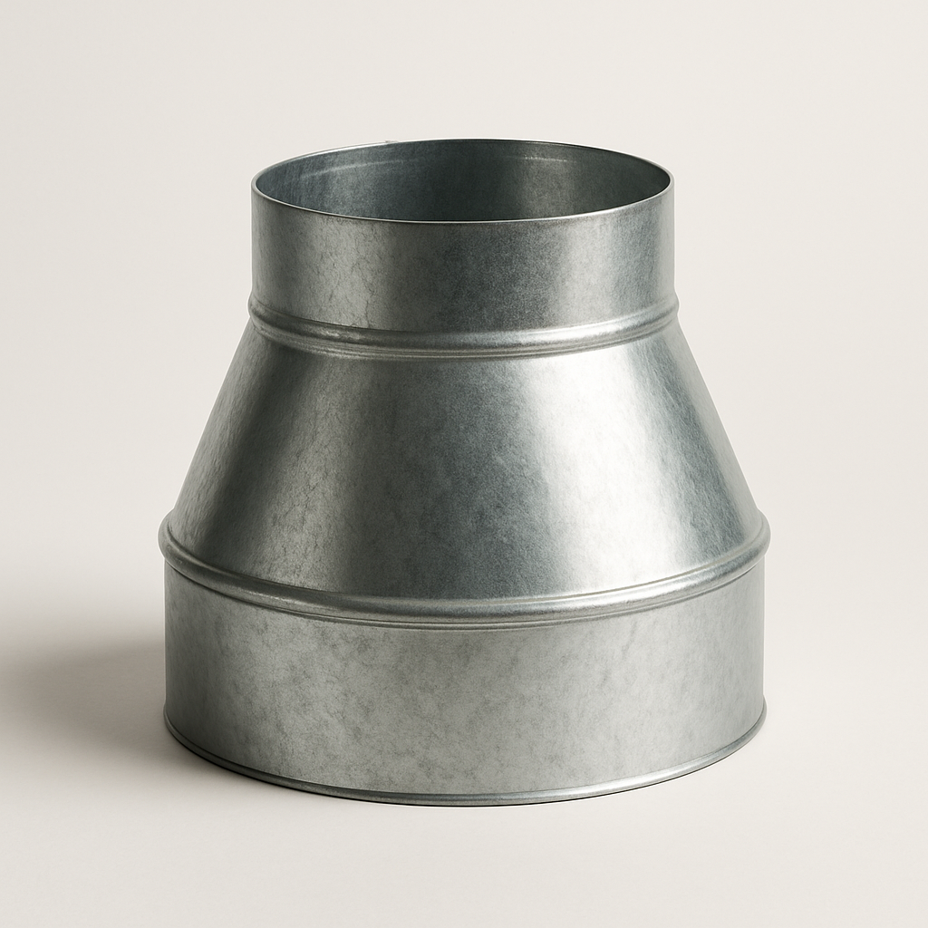 tapered galvanized duct reducer shown horizontally with large and small openings visible