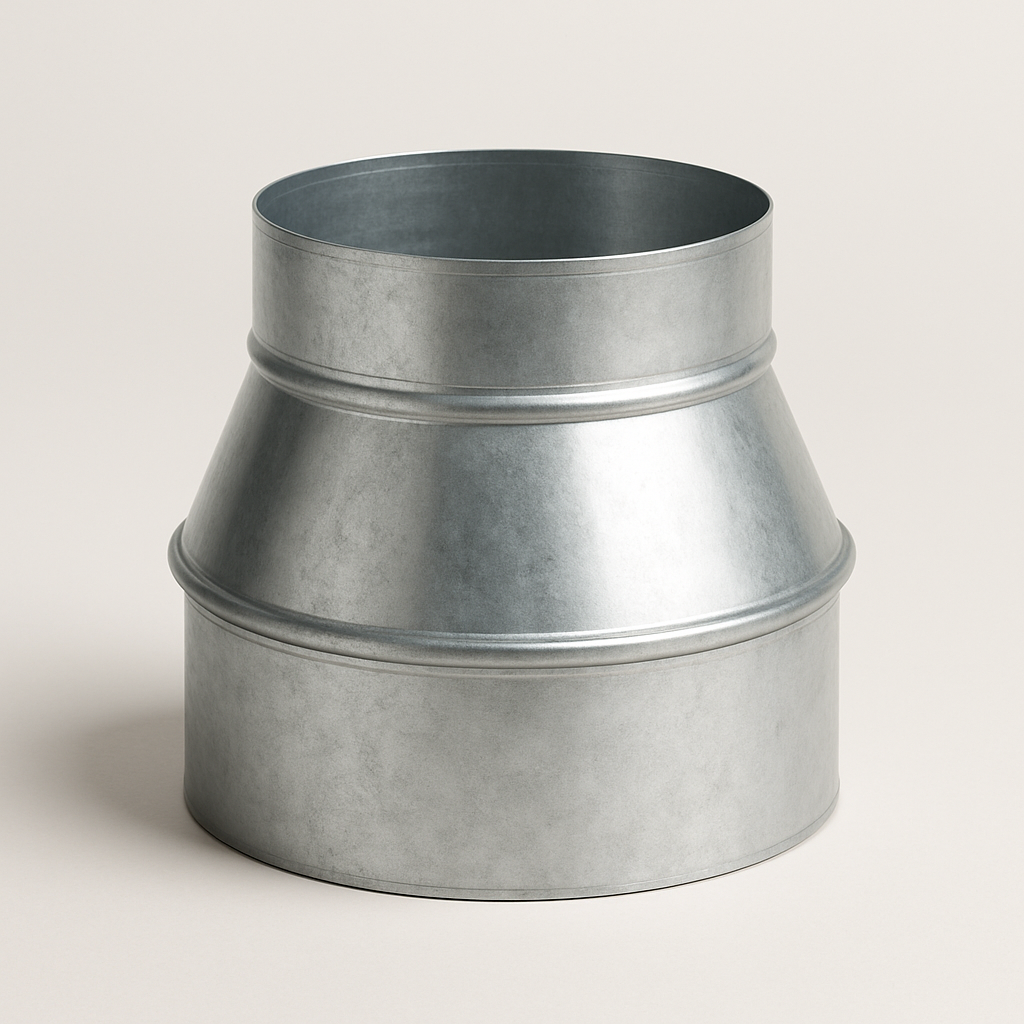 silver cone shaped transition fitting standing on its wider end against a plain backdrop