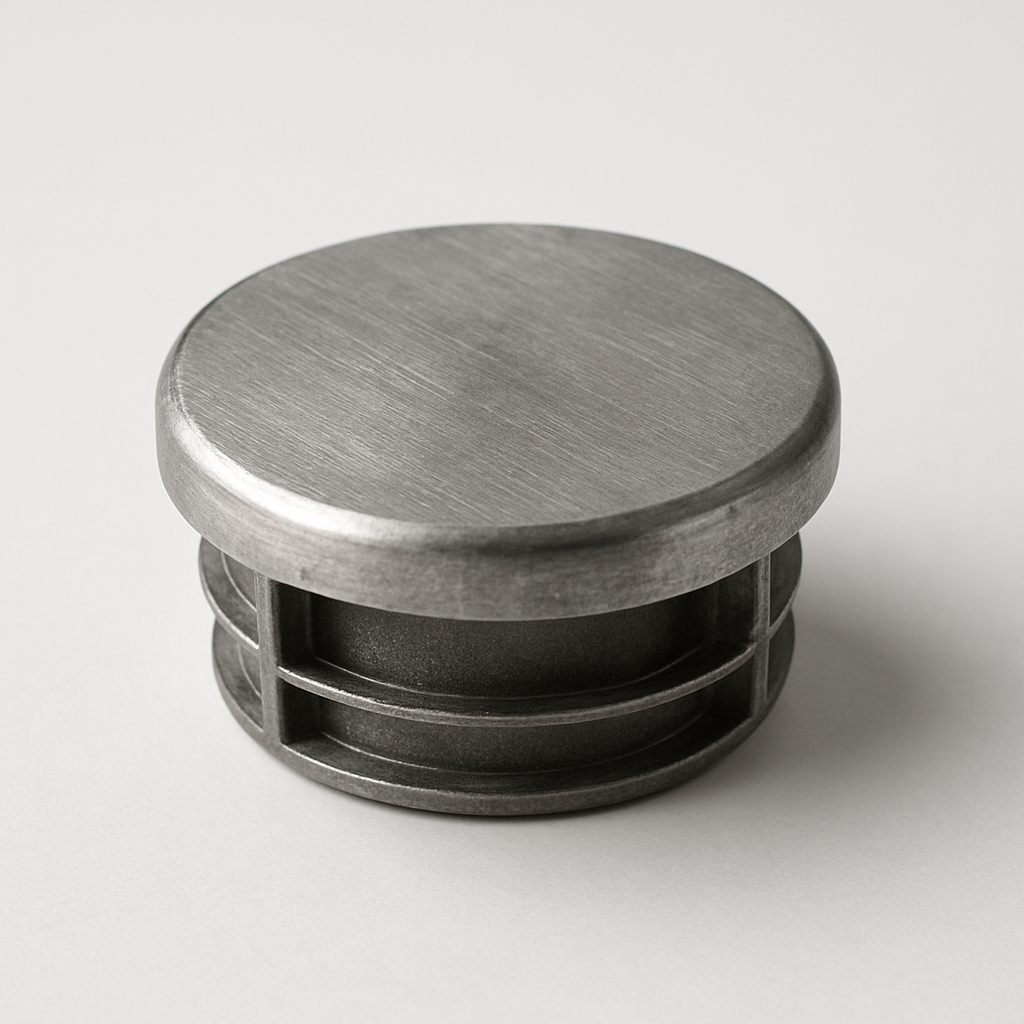 flat circular galvanized end cap lying face up on a light grey tabletop