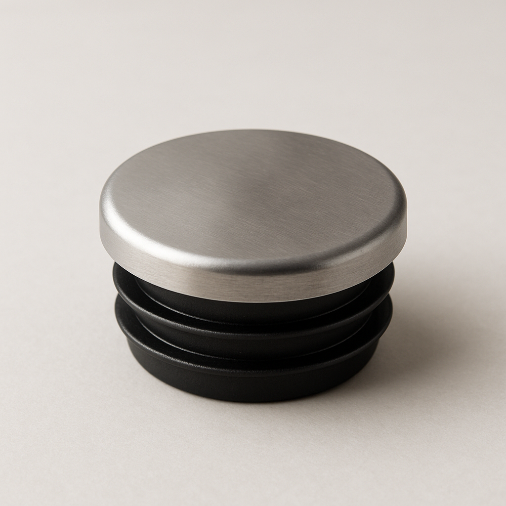 silver duct closure cap shown at an angle with shallow rim and smooth center