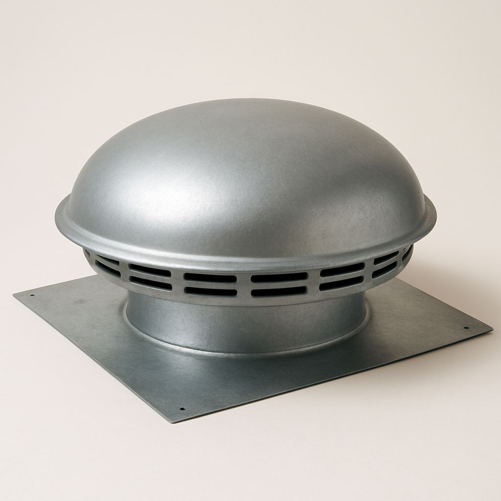 top view of a round vent cap with a raised center and smooth silver rim