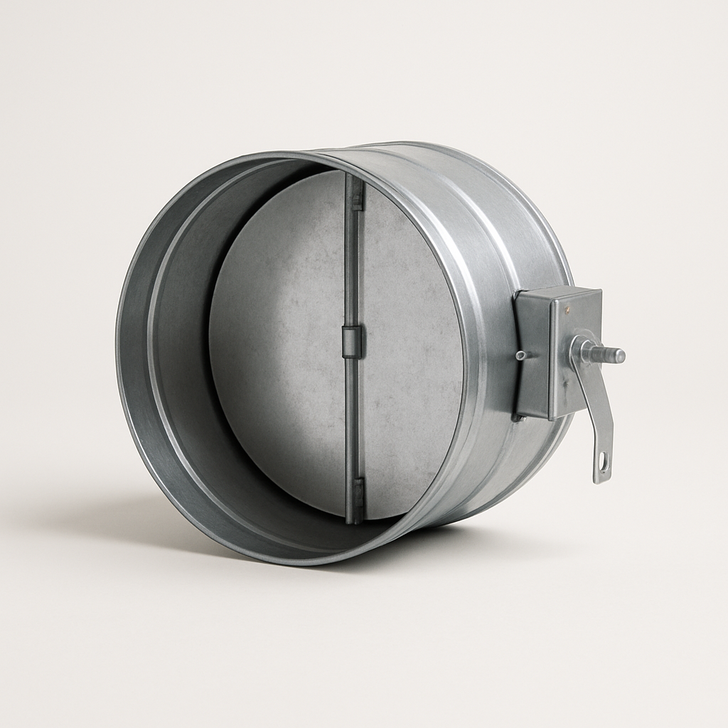 circular metal duct damper shown front on, with a central blade visible inside the round opening