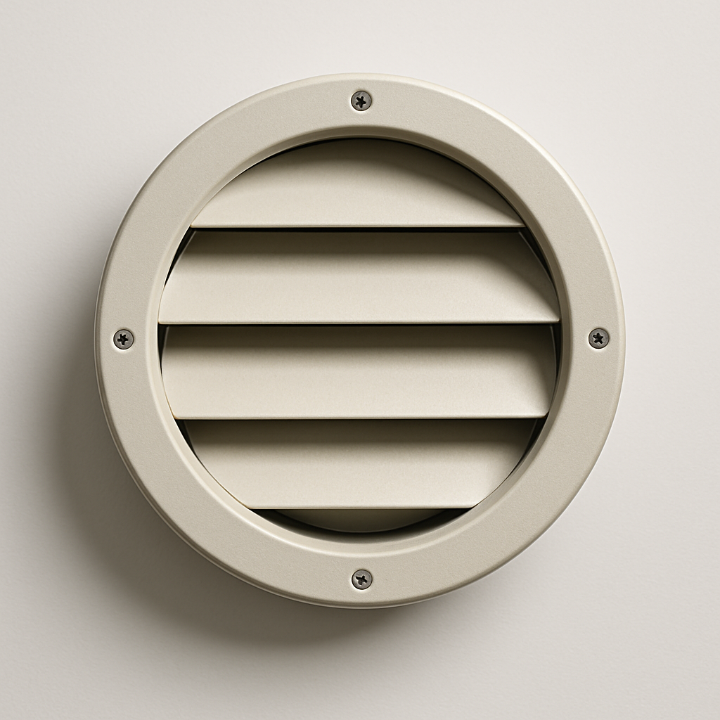 round wall vent with concentric gray slats and a circular outer mounting rim