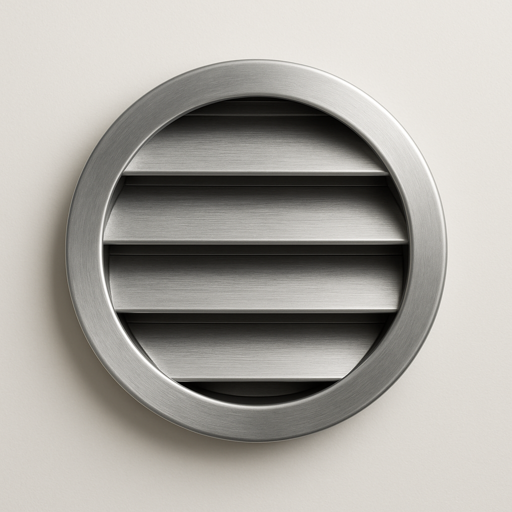 front close-up of a compact circular duct cover with mesh visible behind the louvers