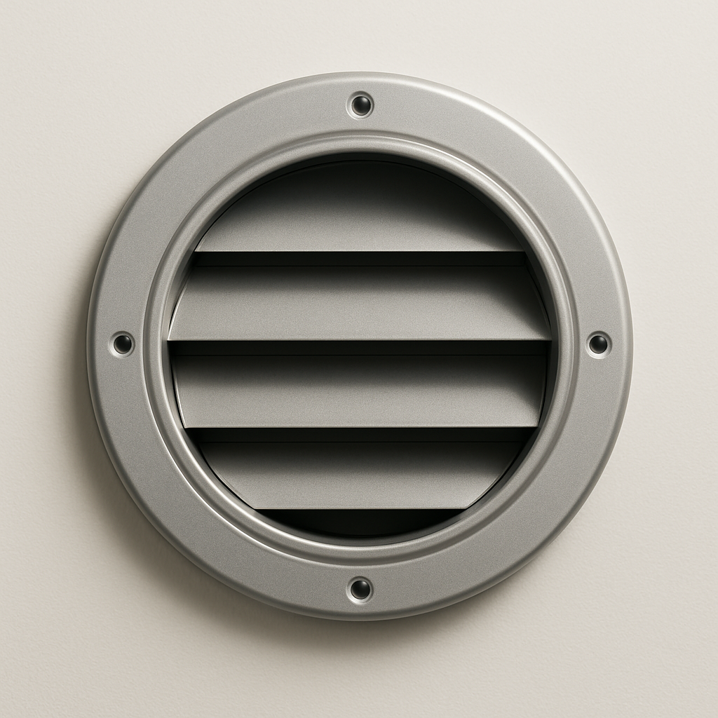 round exterior vent cover with white rim and dark mesh center on painted siding