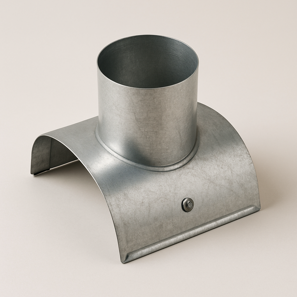 curved saddle takeoff fitting resting on a round duct sample with raised branch outlet