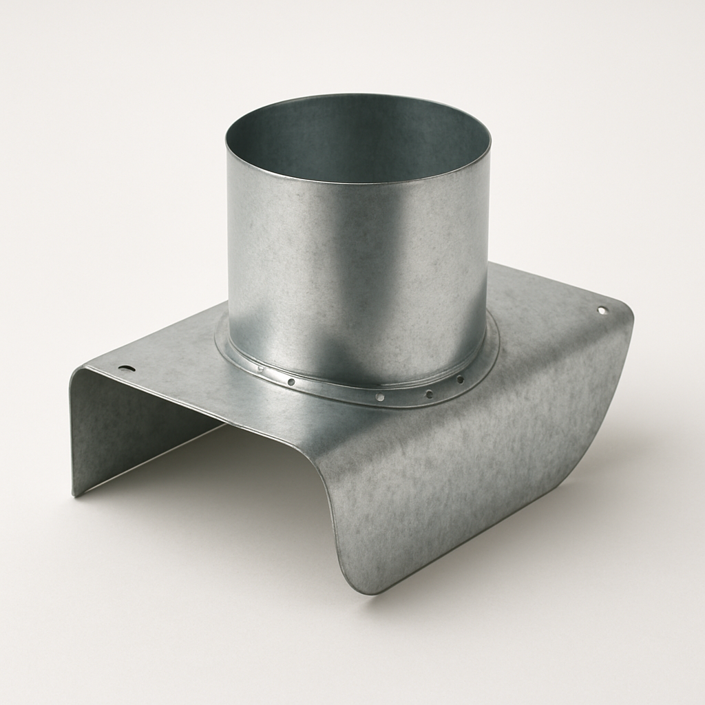 galvanized retrofit branch fitting shown from the side with arched base profile visible