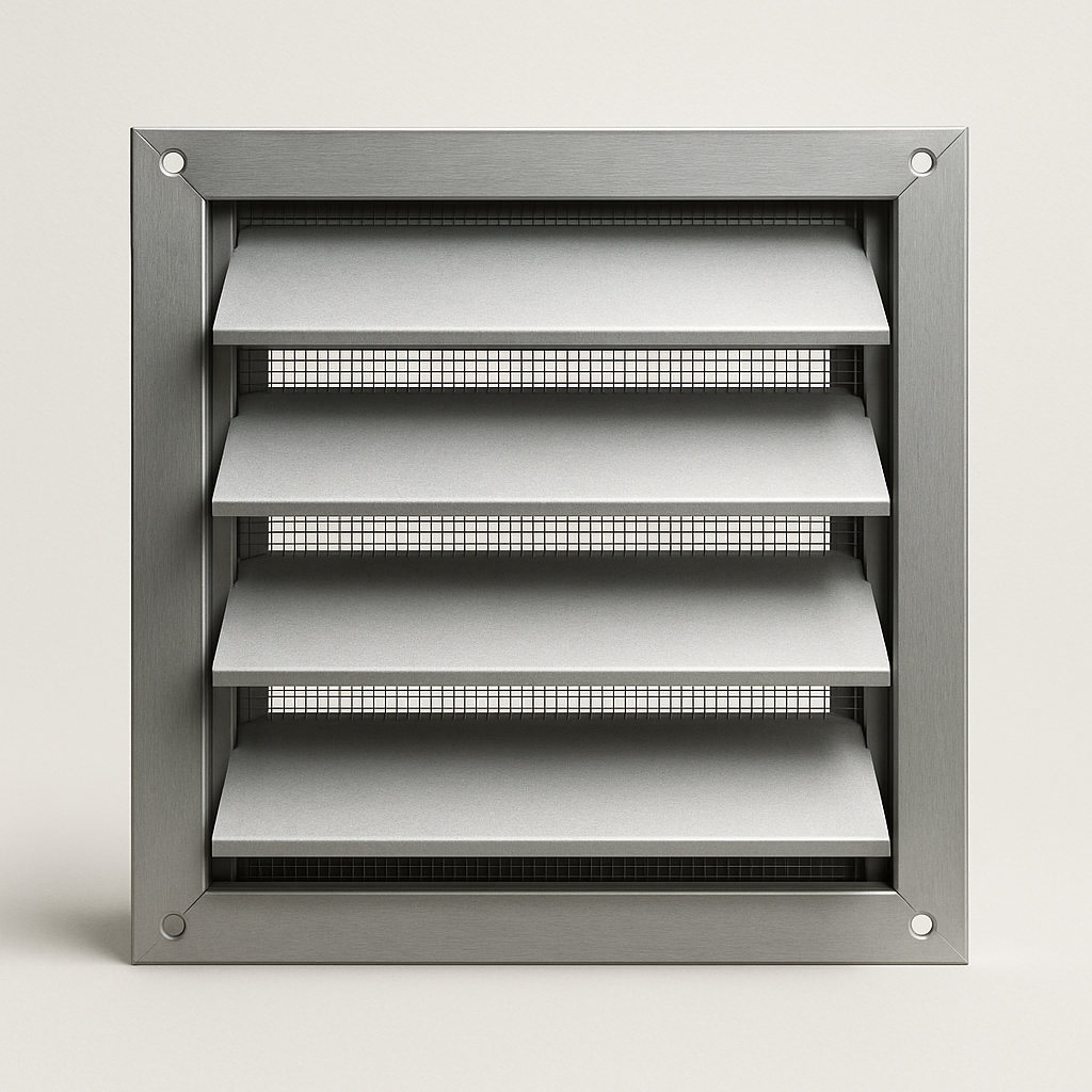 gray intake vent with angled louvers and a dark debris screen covering the back opening