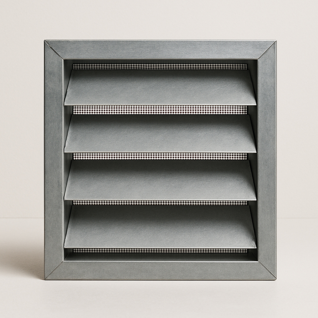 front view of screened exterior air opening with fine mesh behind shallow metal slats