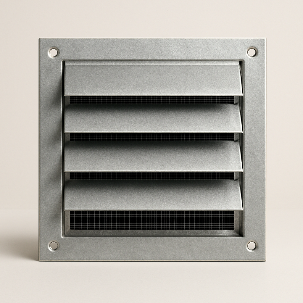 square vent cover with fine mesh screen and white border on an exterior wall